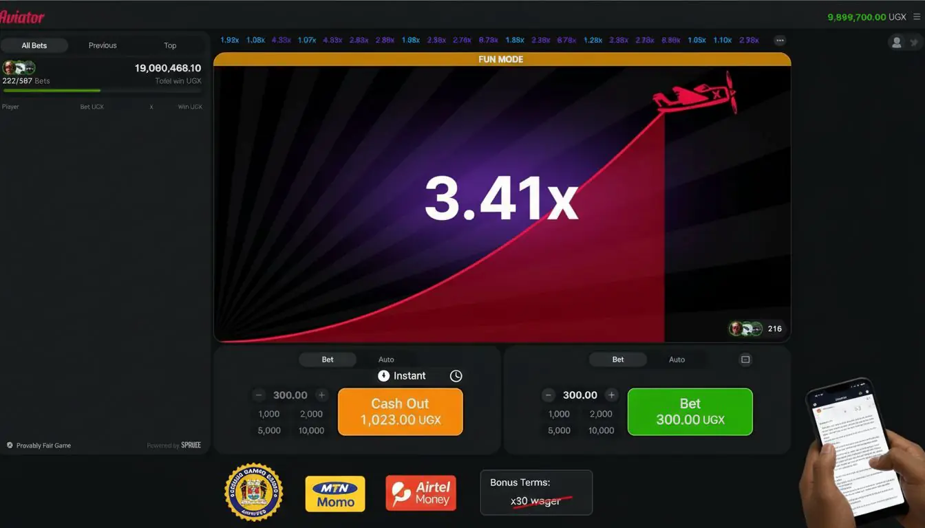 A Ugandan player reviewing casino licences and bonus terms on a mobile screen