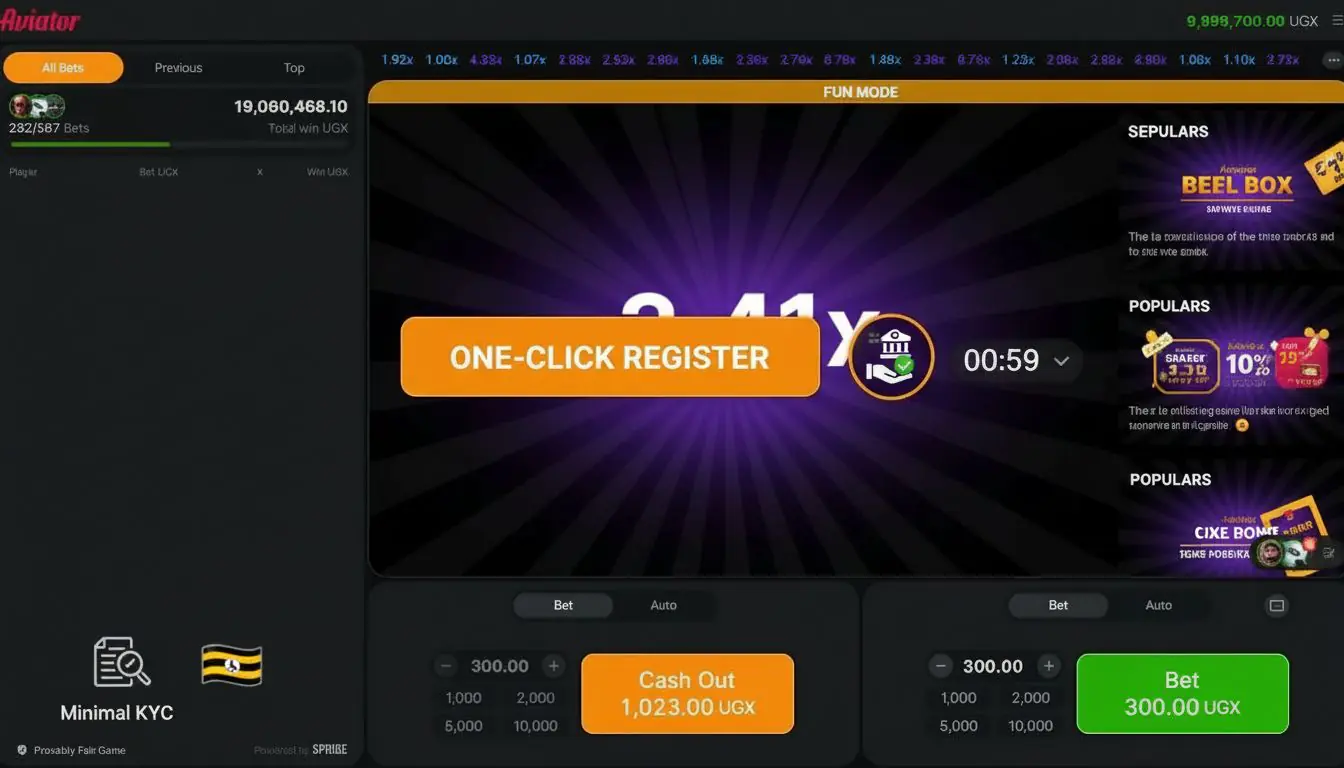 A casino screen advertising “One-Click Registration”, instant Aviator launch, minimal delay